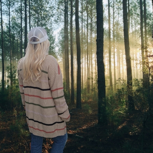 NWT IJOAH Knit Striped Cardigan Taupe Sz Large Crunchy Granola Girl Camp Cardi - Picture 3 of 11